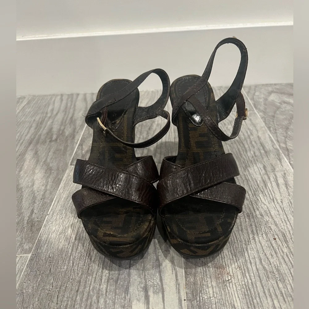 Fendi Dark Brown Monogram Wedge Sandals